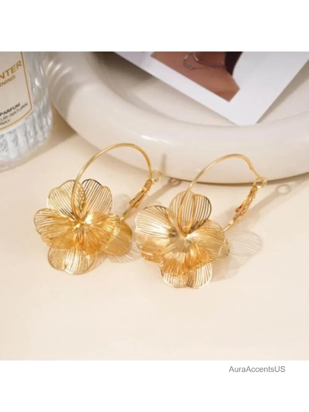 Dangle Flower Gold Hoop Earrings for Women - Lightweight Tarnish-Resistant Gift